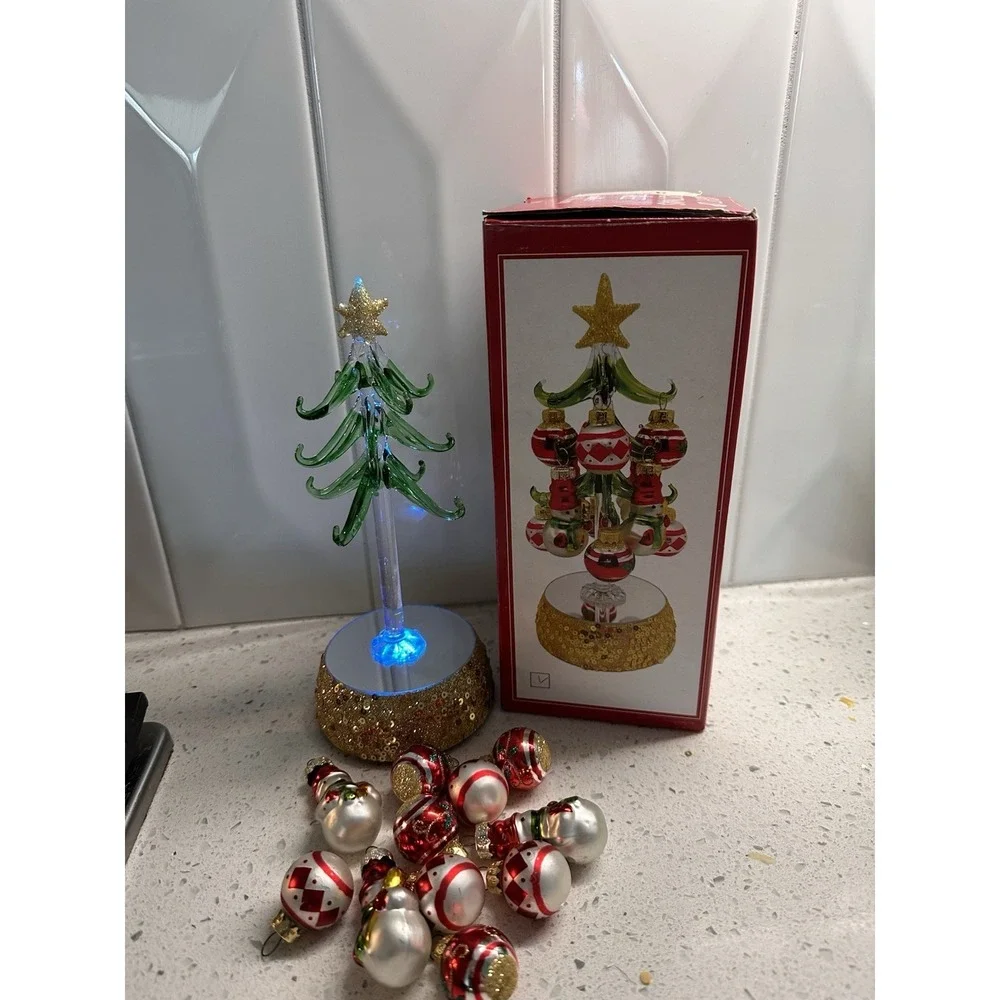 Ganz Light Up Glass Christmas Tree w/ 12 Ornaments NIB LED Holiday Decor 5